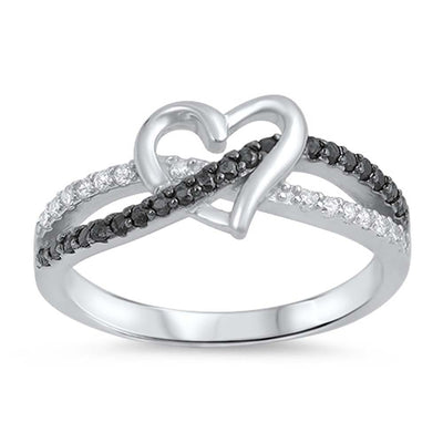 Sterling Silver Twisted Split Shank Multi Pave Black and Clear CZ Band Ring with Centered Heart And Face Height of 8MM