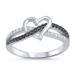 Sterling Silver Twisted Split Shank Multi Pave Black and Clear CZ Band Ring with Centered Heart And Face Height of 8MM