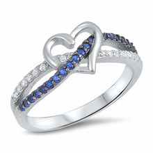 Load image into Gallery viewer, Sterling Silver Twisted Split Shank Multi Pave Blue Spinel and Clear CZ Band Ring with Centered Heart And Face Height of 8MM
