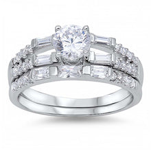 Load image into Gallery viewer, Sterling Silver Round Cut Solitaire Simulated Diamond Aprx .75 Carat Bridal Set with Split Pave Straight Baguette Cut Simulated Diamonds on Bezel Setting on Side Views with Rhodium Finish