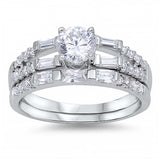 Sterling Silver Round Cut Solitaire Simulated Diamond Aprx .75 Carat Bridal Set with Split Pave Straight Baguette Cut Simulated Diamonds on Bezel Setting on Side Views with Rhodium Finish