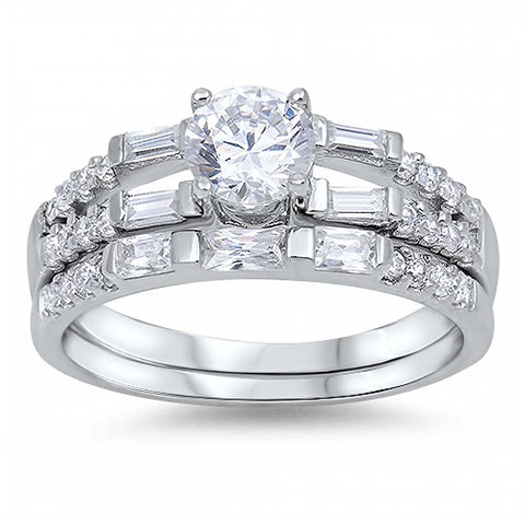 Sterling Silver Round Cut Solitaire Simulated Diamond Aprx .75 Carat Bridal Set with Split Pave Straight Baguette Cut Simulated Diamonds on Bezel Setting on Side Views with Rhodium Finish
