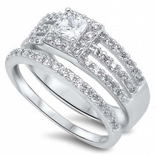 Load image into Gallery viewer, Sterling Silver Clear Princess Cut Simulated Diamond Aprx .50 Carat on Prong SettingAnd Triple Split Halo Style Bridal Set with Rhodium Finish