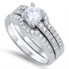 Load image into Gallery viewer, Sterling Silver Elegant Bridal Set Band Inlaid with Pave Simulated Diamond and Centered Clear Round Solitaire Simulated Diamond on 4 Prong SettingAnd Band Width of 2MM and Center Stone Size of 5MM