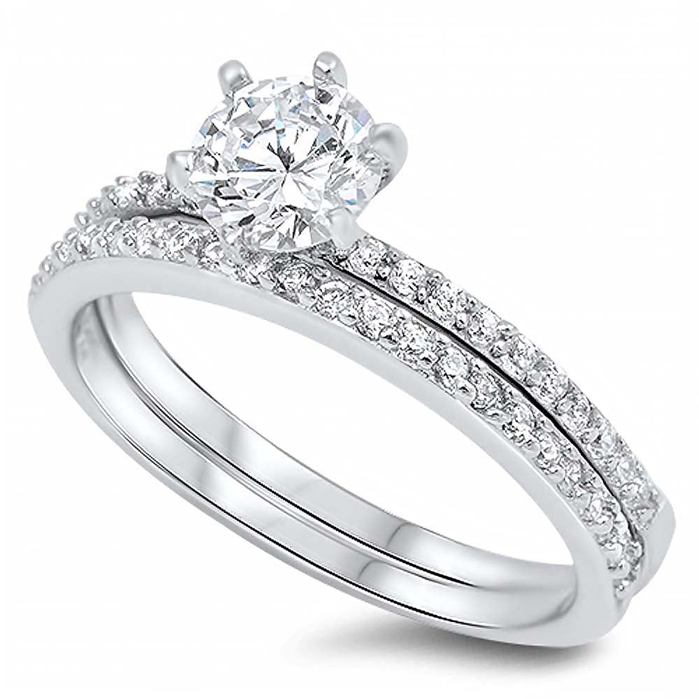 Sterling Silver Clear Round CZ Aprx 1.25 Carat on Prong Setting And Solitaire Pave Style Bridal Set with Rhodium Finish