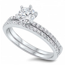 Load image into Gallery viewer, Sterling Silver Clear Round Simulated Diamond Aprx 1.25 Carat on Prong SettingAnd Classy Solitaire Pave Style Bridal Set with Rhodium Finish