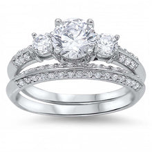 Load image into Gallery viewer, Sterling Silver 3 Stone Simulated Diamond on Prong SettingAnd Classy Halo Style Bridal Set with Rhodium FinishAnd Center Stone Aprx 1.25 Carat