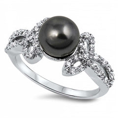 Sterling Silver Genuine Black Freshwater Pearl and Fancy Band Inlaid with Clear CzsAnd Face Heigth of 10MM