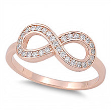 Load image into Gallery viewer, Sterling Silver Rose Gold Plated Infinity Shaped Clear CZ Ring, Face Height 8mm