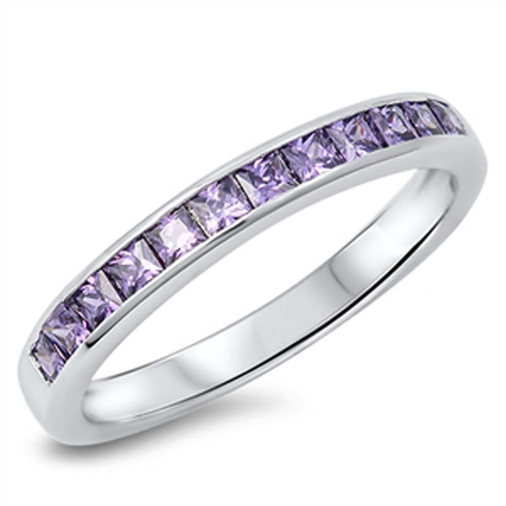 Sterling Silver Princess Cut Amethyst Czs Eternity Band Ring with Face Height of 3MM