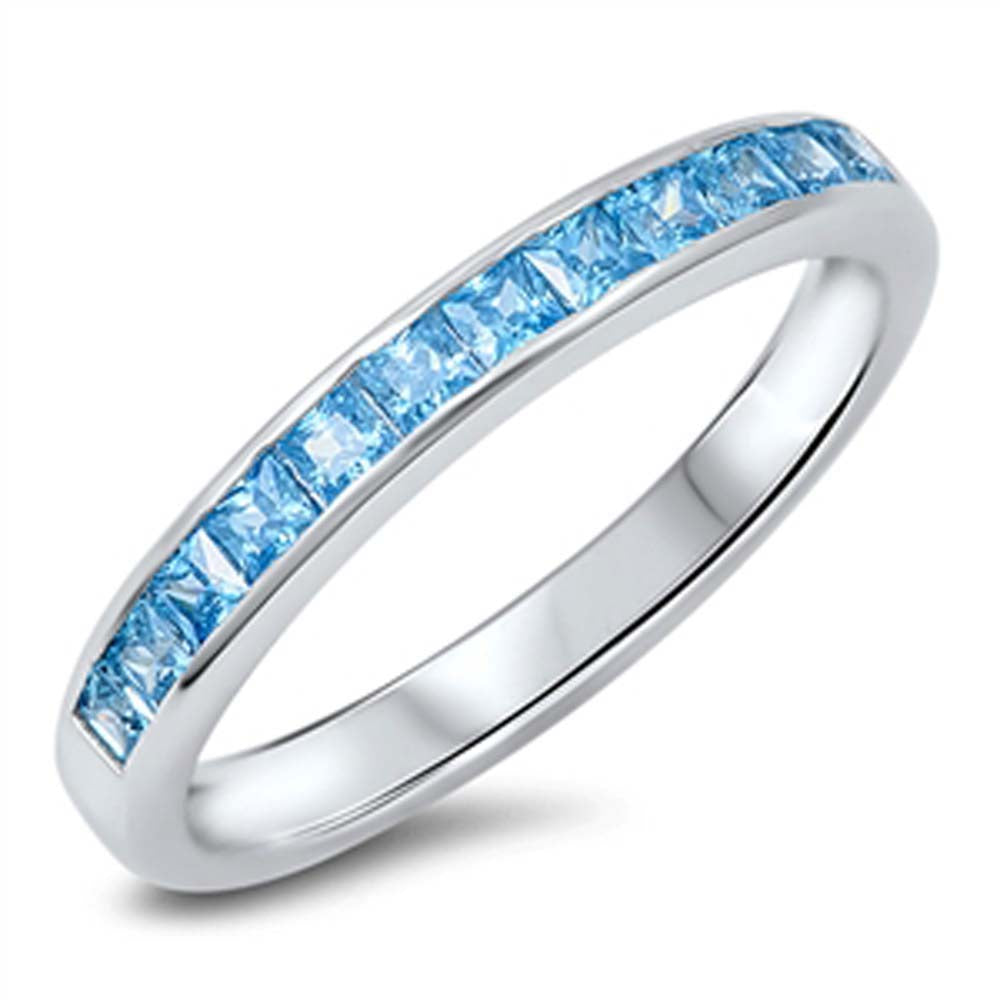 Sterling Silver Princess Cut Aqua Czs Eternity Band Ring with Face Height of 3MM