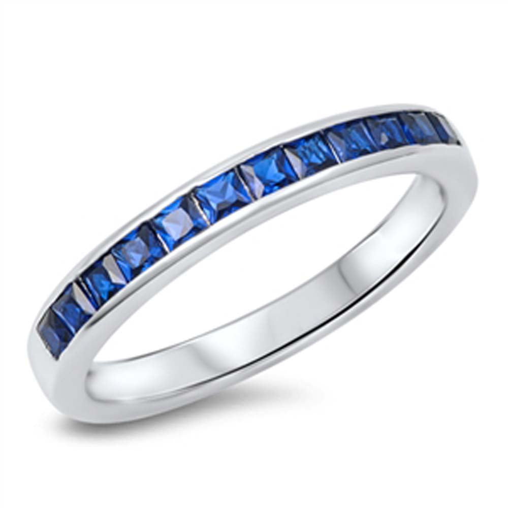 Sterling Silver Princess Cut Blue Sapphire Czs Eternity Band Ring with Face Height of 3MM
