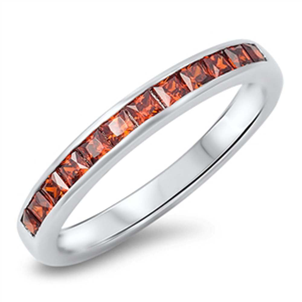 Sterling Silver Princess Cut Garnet Czs Eternity Band Ring with Face Height of 3MM