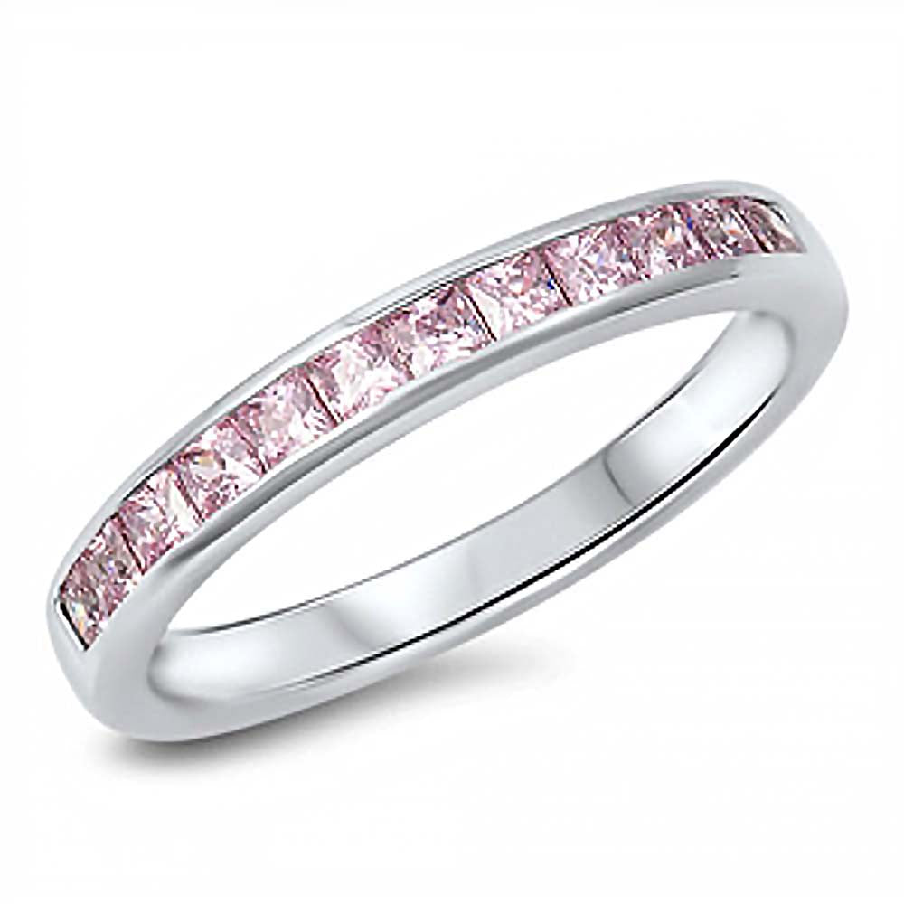 Sterling Silver Princess Cut Pink Czs eternity Band Ring with Face Height of 3MM