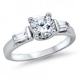 Sterling Silver Stylish Solitaire Prong Set with Round Cut Clear Cz on Center with Tapered Baguette Cz on Both Side RingAnd Face Height of 7MM
