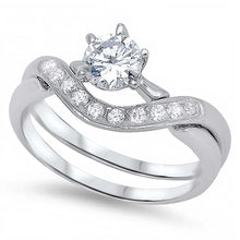 Load image into Gallery viewer, Sterling Silver Chevron Band with Simulated Diamond and Clear Round Solitaire Simulated Diamond on 5 Prong Setting Bridal SetAnd Band Width of 8MM and Center Stone Size of 7MM