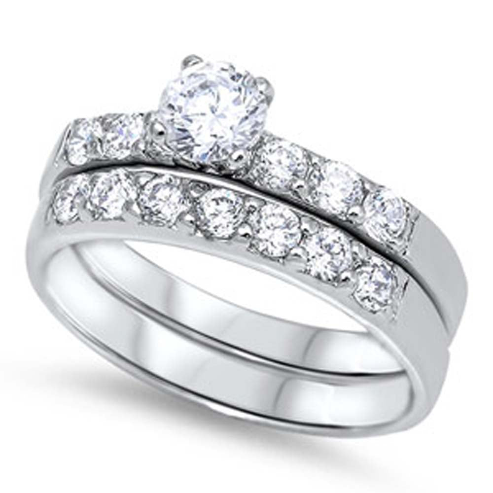 Sterling Silver Clear Round Solitaire Simulated Diamond on 4 Prong Setting and Band Inlaid with Round Simulated Diamond Bridal SetAnd Band Width of 6MM and Center Stone Size of 5MM