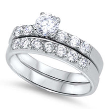 Load image into Gallery viewer, Sterling Silver Clear Round Solitaire Simulated Diamond on 4 Prong Setting and Band Inlaid with Round Simulated Diamond Bridal SetAnd Band Width of 6MM and Center Stone Size of 5MM