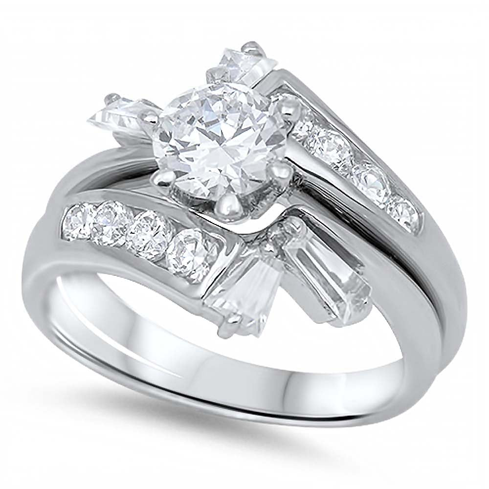 Sterling Silver Bridal Set Band with Tapered Baguette and Round CZ Inlaid and Centered Clear Round Solitaire CZ on 6 Prong Setting, Band Width of 3MM and Center St