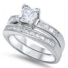 Load image into Gallery viewer, Sterling Silver Clear Princess Cut Solitaire Simulated Diamond with Princess Cut Simulated Diamond on Channel Setting Side Views Bridal SetAnd Band Width of 5MM and Center Stone Size of 6MM