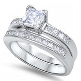 Sterling Silver Clear Princess Cut Solitaire Simulated Diamond with Princess Cut Simulated Diamond on Channel Setting Side Views Bridal SetAnd Band Width of 5MM and Center Stone Size of 6MM