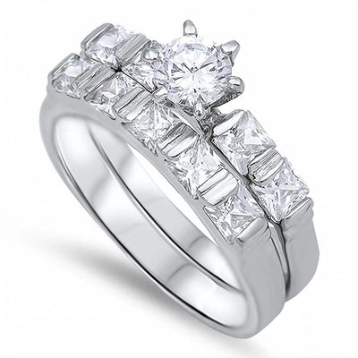 Sterling Silver Clear Round Solitaire Simulated Diamond on 6 Prong with Princess Cut Simulated Diamond on Channel Setting Side Views Bridal SetAnd Band Width of 6MM and Center Stone Size of 6MM