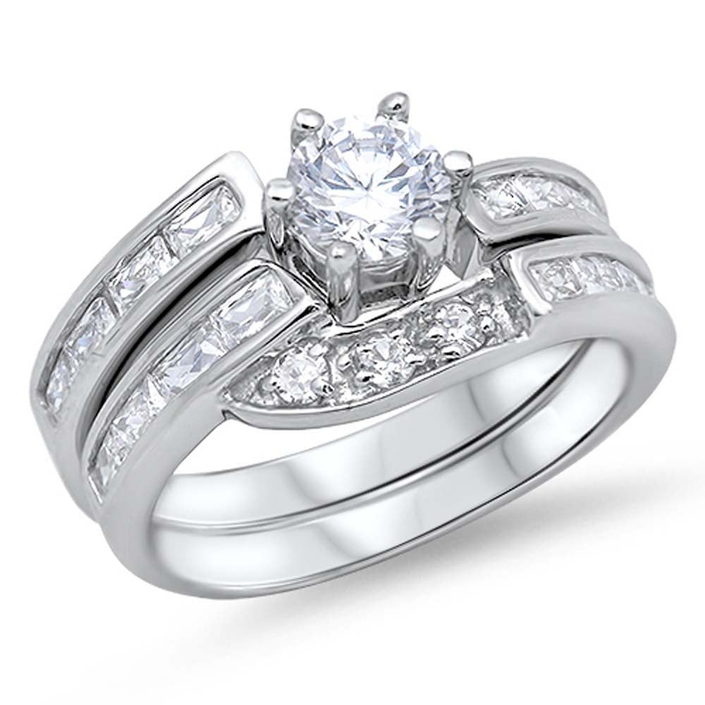 Sterling Silver Bridal Set Band with Straight Baguette and Round Cut CZ on Channel Setting and Centered Clear Round CZ Diamond on 6 Prong, Band Width of 5MM and
