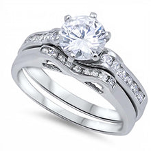 Load image into Gallery viewer, Sterling Silver Clear Round Solitaire Simulated Diamond on 6 Prong Setting Bridal Set and Band Inlaid with Round Simulated DiamondAnd Band Width of 4MM and Center Stone Size of 7MM