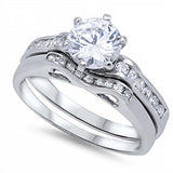 Sterling Silver Clear Round Solitaire Simulated Diamond on 6 Prong Setting Bridal Set and Band Inlaid with Round Simulated DiamondAnd Band Width of 4MM and Center Stone Size of 7MM