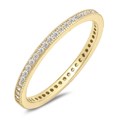 Sterling Silver Yellow Gold Eternity Band Ring with Clear Simulated Crystals on Channel SettingAnd Band Width 2 MM
