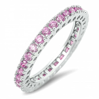 Sterling Silver Eternity Band Ring Set with Pink Czs, Face Height of 3MM