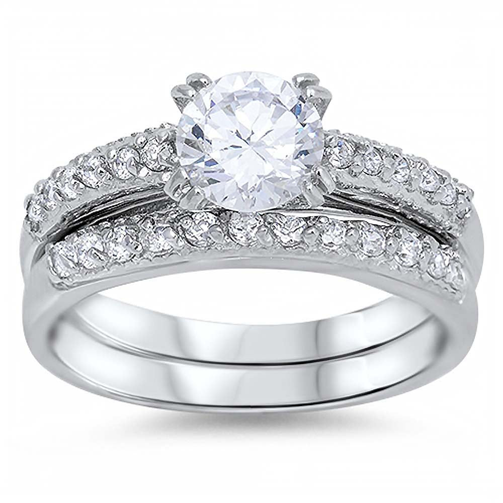 Sterling Silver Clear Round Solitaire Simulated Diamond Bridal Set Band with Pave Simulated Diamond InlaidAnd Band Width of 4MM and Center Stone Size of 7MM