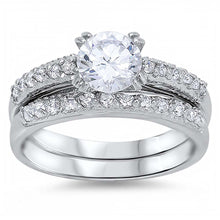 Load image into Gallery viewer, Sterling Silver Clear Round Solitaire Simulated Diamond Bridal Set Band with Pave Simulated Diamond InlaidAnd Band Width of 4MM and Center Stone Size of 7MM