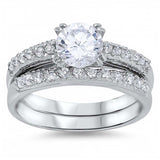 Sterling Silver Clear Round Solitaire Simulated Diamond Bridal Set Band with Pave Simulated Diamond InlaidAnd Band Width of 4MM and Center Stone Size of 7MM