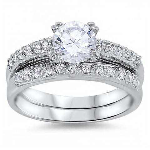 Sterling Silver Clear Round Solitaire Simulated Diamond Bridal Set Band with Pave Simulated Diamond InlaidAnd Band Width of 4MM and Center Stone Size of 7MM