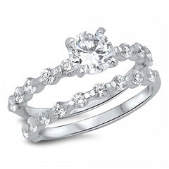 Sterling Silver Bridal Set Band with Round CZ Bezel Set and Centered Round Solitaire CZ on 4 Prong Setting, Band Width of 3MM and Center Stone Size of 6MM