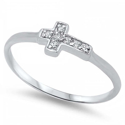 Sterling Silver Classy CZ Pave Sideways Cross Ring with Face Height of 5 MM