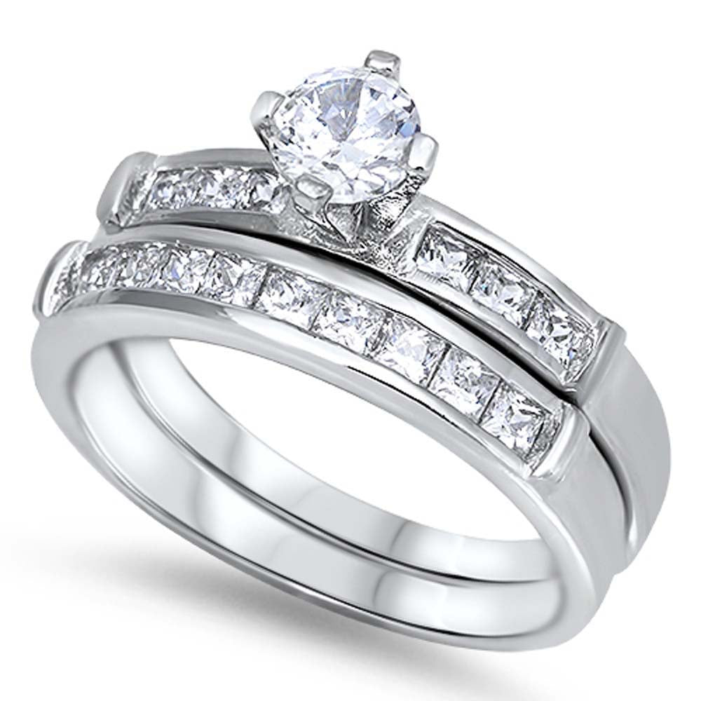 Sterling Silver Clear Round Solitaire Simulated Diamond Bridal Set with Princess Cut Simulated Diamond on Channel Setting Side ViewsAnd Band Width of 5MM and Center Stone Size of 5MM