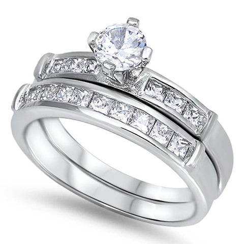 Sterling Silver Clear Round Solitaire Simulated Diamond Bridal Set with Princess Cut Simulated Diamond on Channel Setting Side ViewsAnd Band Width of 5MM and Center Stone Size of 5MM