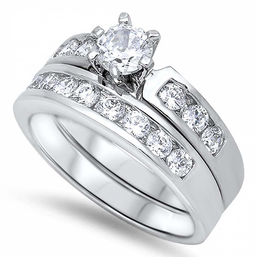 Sterling Silver Clear Round Solitaire CZ on 6 Prong Setting and Band Inlaid with Round CZ Channel Setting Bridal Set, Band Width of 4MM and Center Stone Size of 5MM