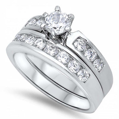 Sterling Silver Clear Round Solitaire CZ on 6 Prong Setting and Band Inlaid with Round CZ Channel Setting Bridal Set, Band Width of 4MM and Center Stone Size of 5MM