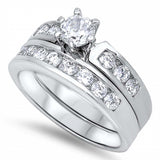 Sterling Silver Clear Round Solitaire Simulated Diamond on 6 Prong Setting and Band Inlaid with Round Simulated Diamond Channel Setting Bridal SetAnd Band Width of 4MM and Center Stone Size of 5MM