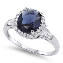 Load image into Gallery viewer, Sterling Silver Solitaire Oval Cut Blue Sapphire Cz with Halo and Baguette Clear Cz Inlay RingAnd Face Height of 11MM