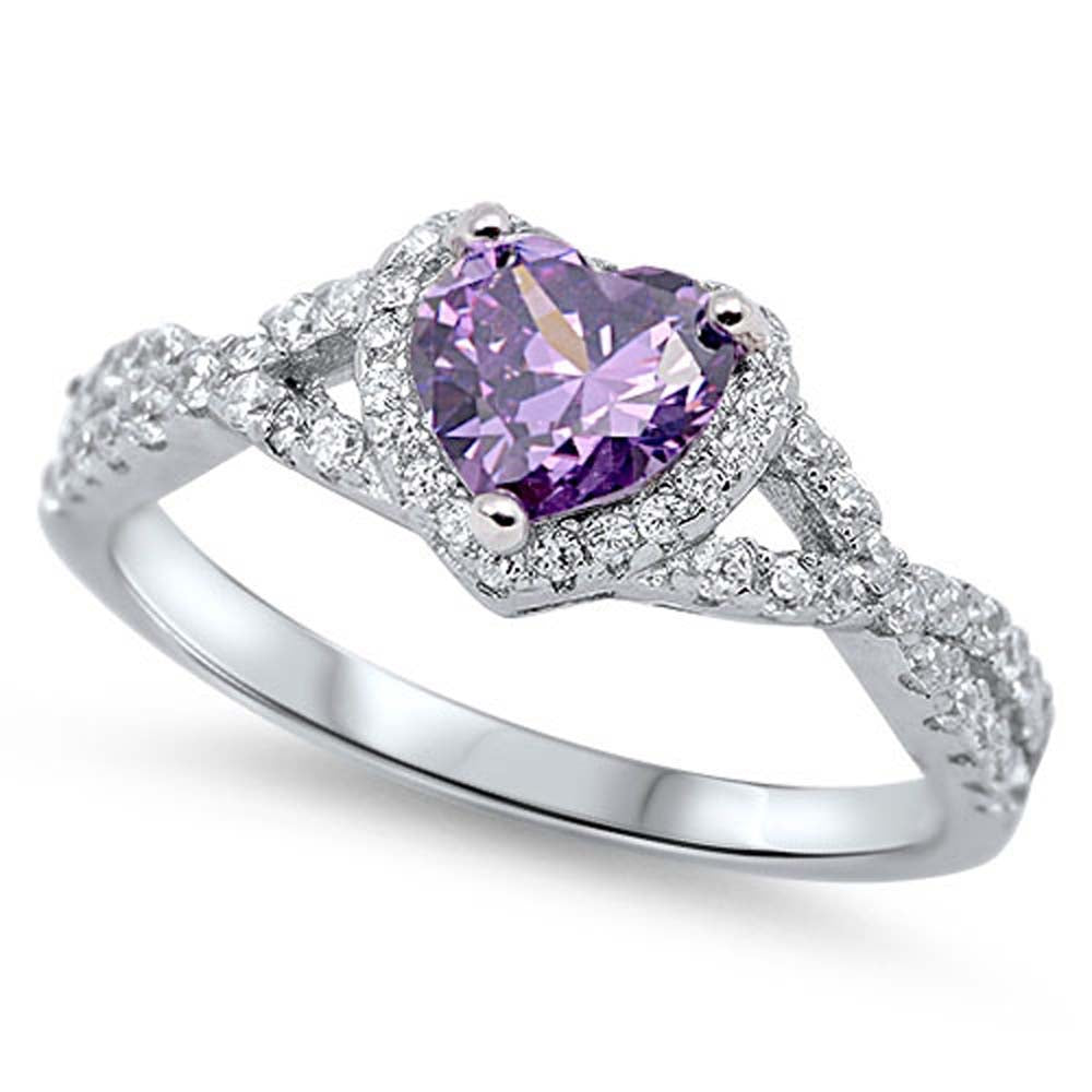 Sterling Silver Amethyst Heart Stone Decorated with Clear CZ Stones Ring, Face Height 8MM