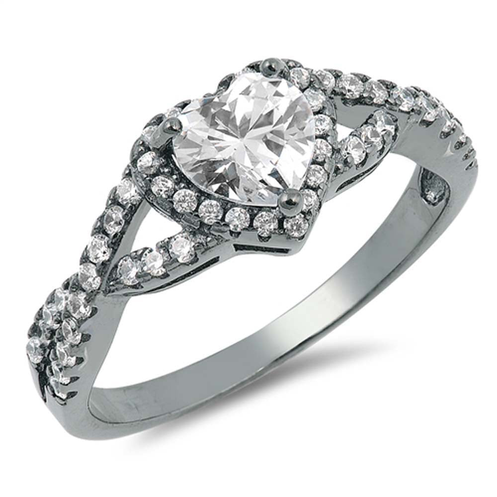 Sterling Silver Black Rhodium Plated Heart Shaped Clear CZ Ring, Face Height 8mm