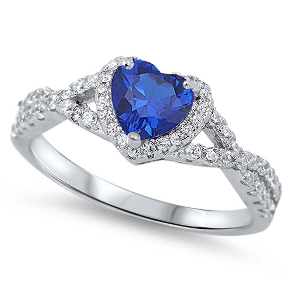 Sterling Silver Blue Sapphire Heart CZ with Clear CZ Ring, Face Height of 8MM