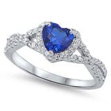Sterling Silver Blue Sapphire Heart CZ with Clear CZ Ring, Face Height of 8MM
