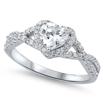 Sterling Silver Heart Shaped Clear CZ Ring, Face Height 8mm