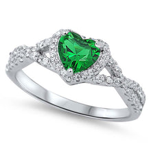 Load image into Gallery viewer, Sterling Silver Ring with Emerald CZ Heart Stone and Clear CZ, Face Height of 8mm