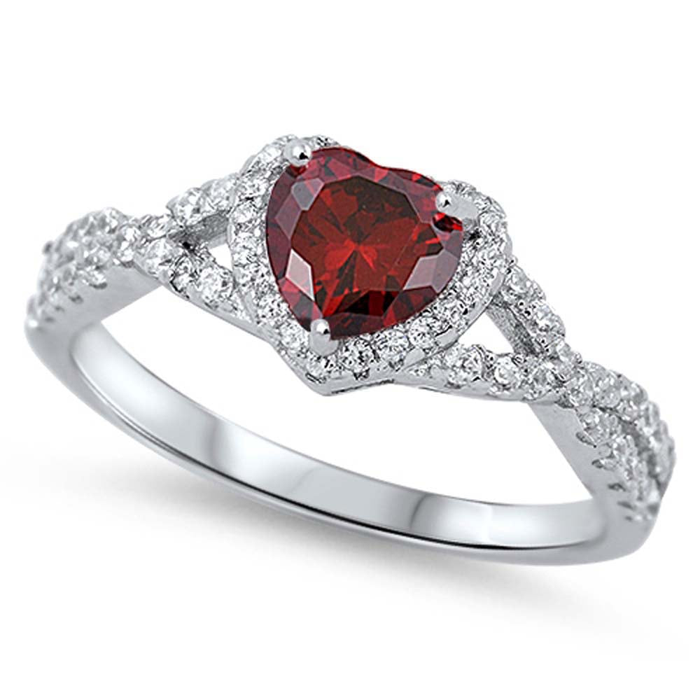 Sterling Silver Garnet CZ Heart Stone and Clear CZ Ring, Face Height of 8mm